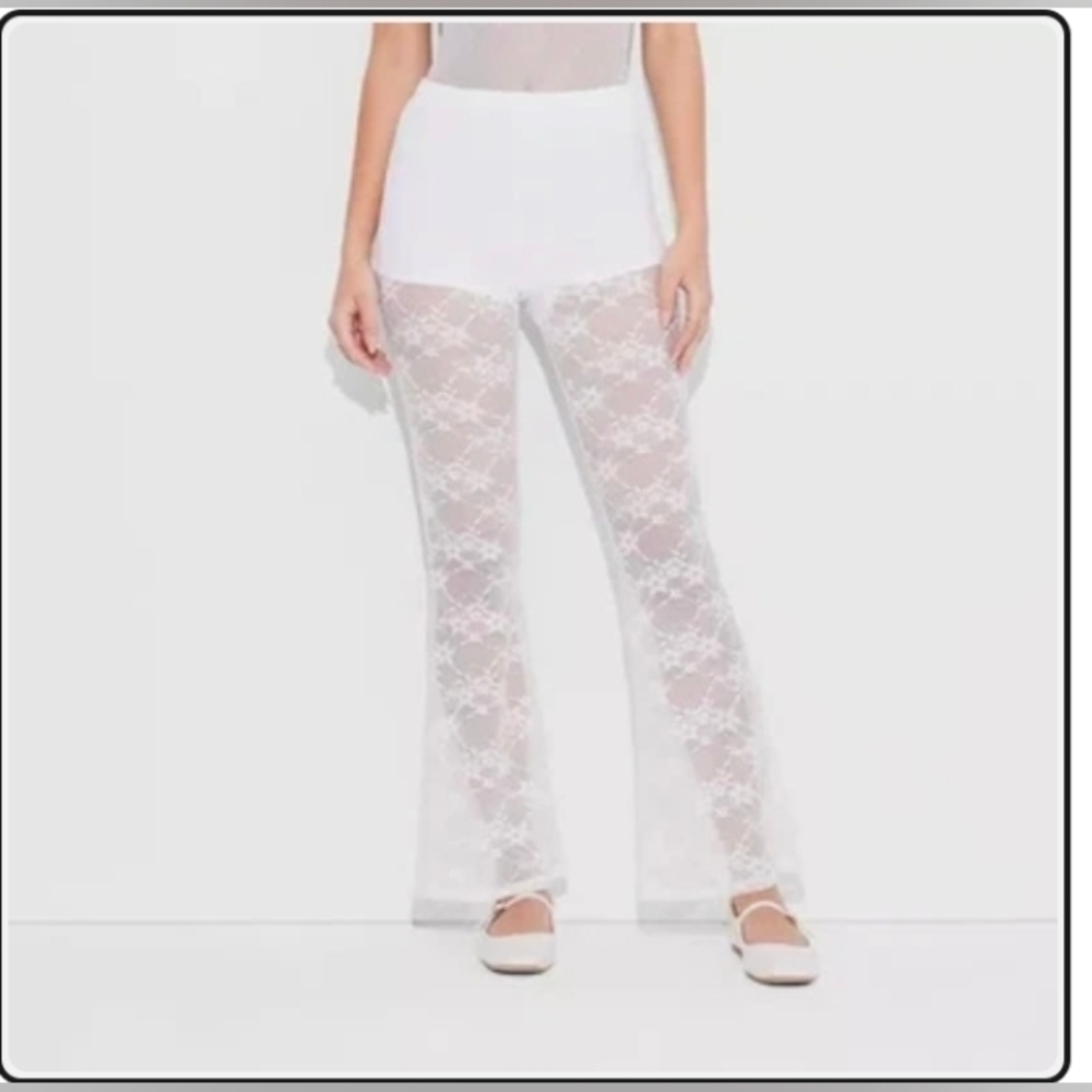 Wild Fable Women's White Mid-Rise Flare Sheer Floral Lace Pants